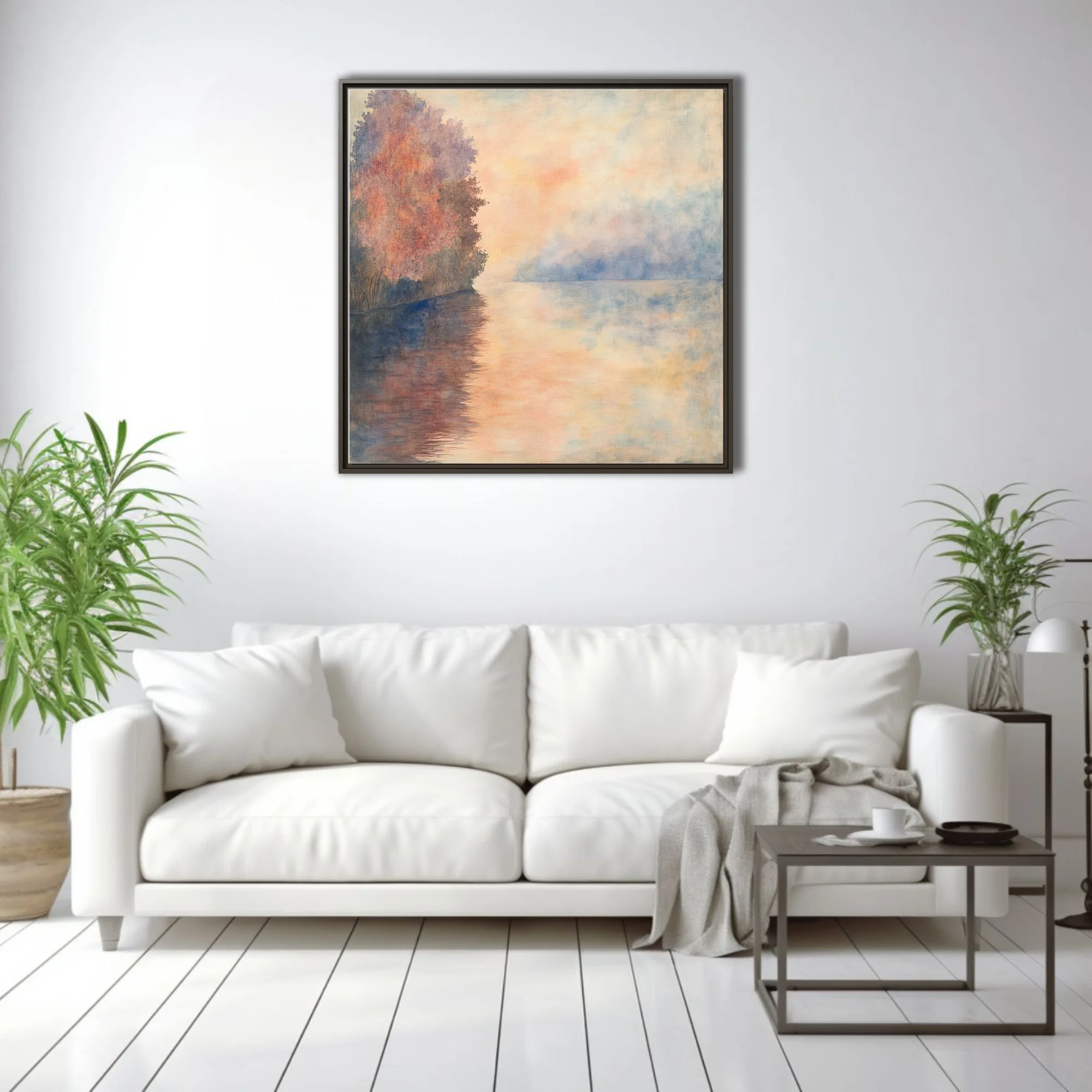 Soft-focus riverside landscape in peach, coral and dusty blue pastels with autumn trees and misty reflections