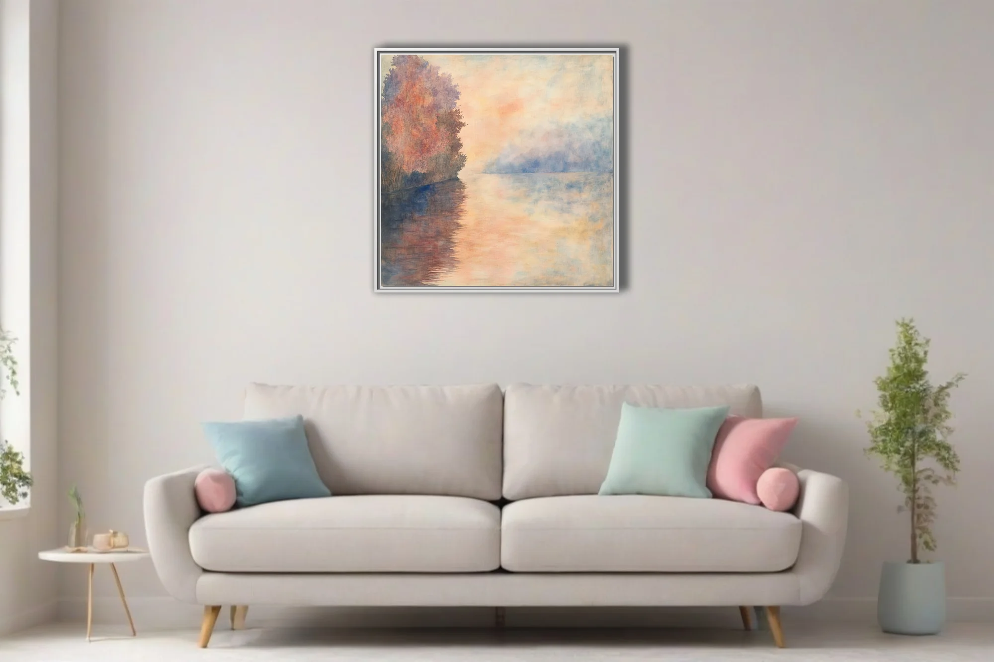 Soft-focus riverside landscape in peach, coral and dusty blue pastels with autumn trees and misty reflections