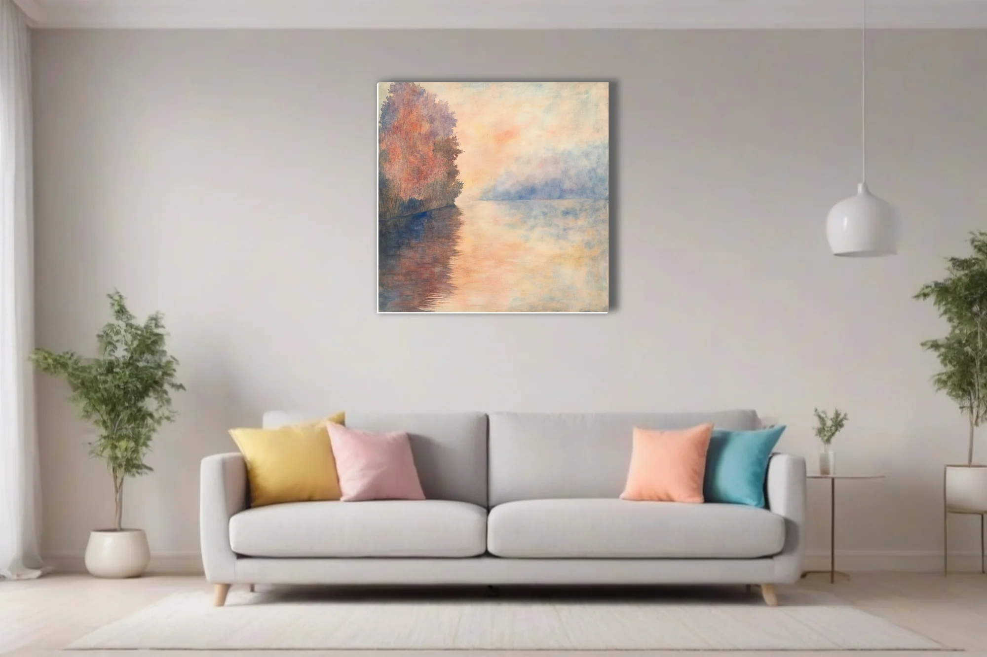 Soft-focus riverside landscape in peach, coral and dusty blue pastels with autumn trees and misty reflections