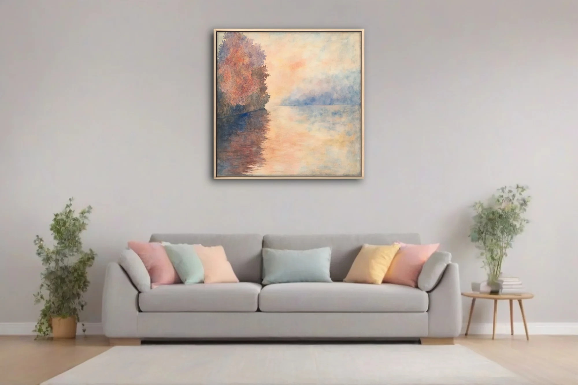 Soft-focus riverside landscape in peach, coral and dusty blue pastels with autumn trees and misty reflections