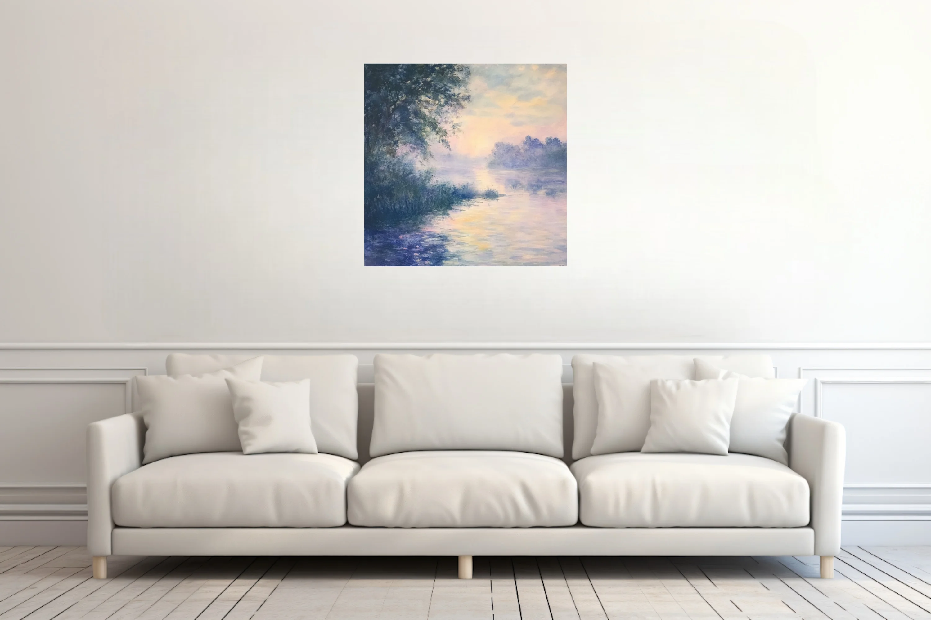 Misty river at dawn in soft pastel watercolor-style, lavender and peach reflections, dreamy landscape
