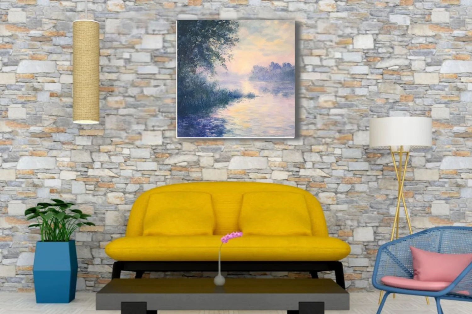 Misty river at dawn in soft pastel watercolor-style, lavender and peach reflections, dreamy landscape