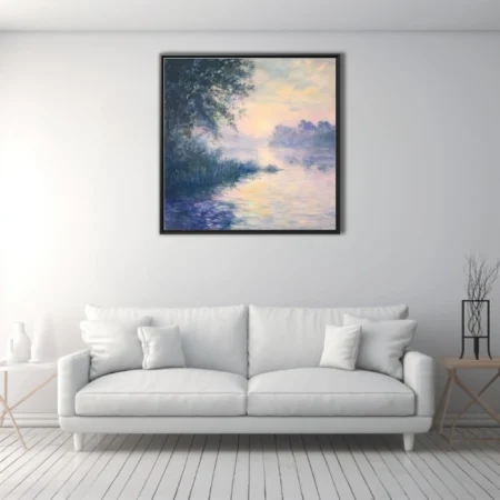Misty river at dawn in soft pastel watercolor-style, lavender and peach reflections, dreamy landscape