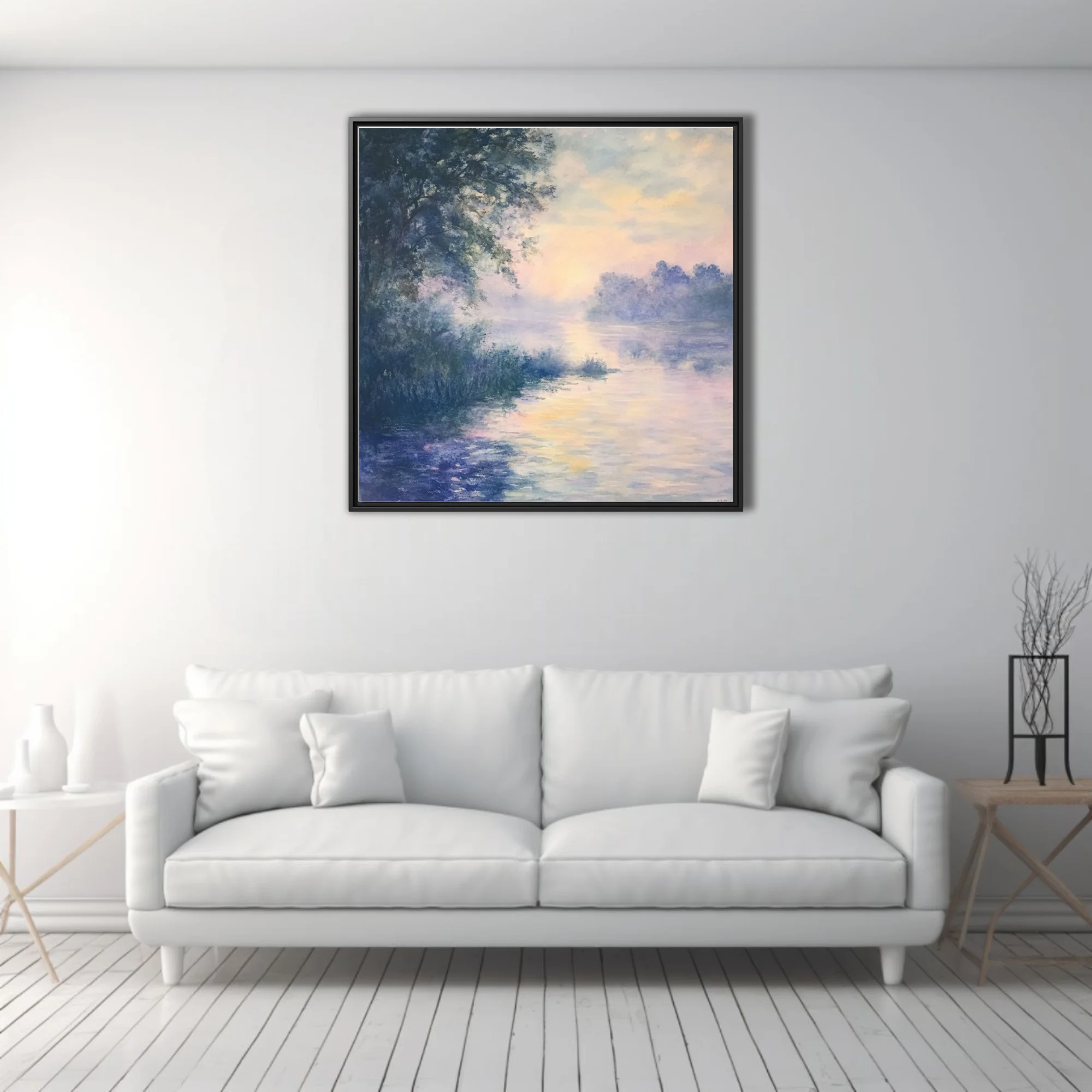 Misty river at dawn in soft pastel watercolor-style, lavender and peach reflections, dreamy landscape