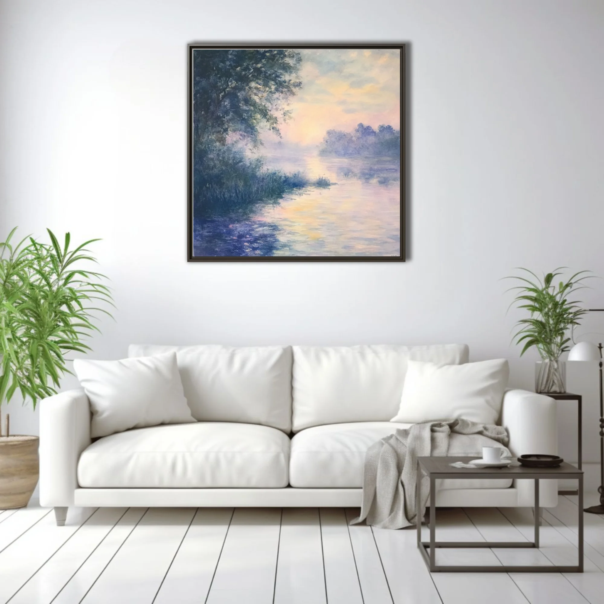Misty river at dawn in soft pastel watercolor-style, lavender and peach reflections, dreamy landscape