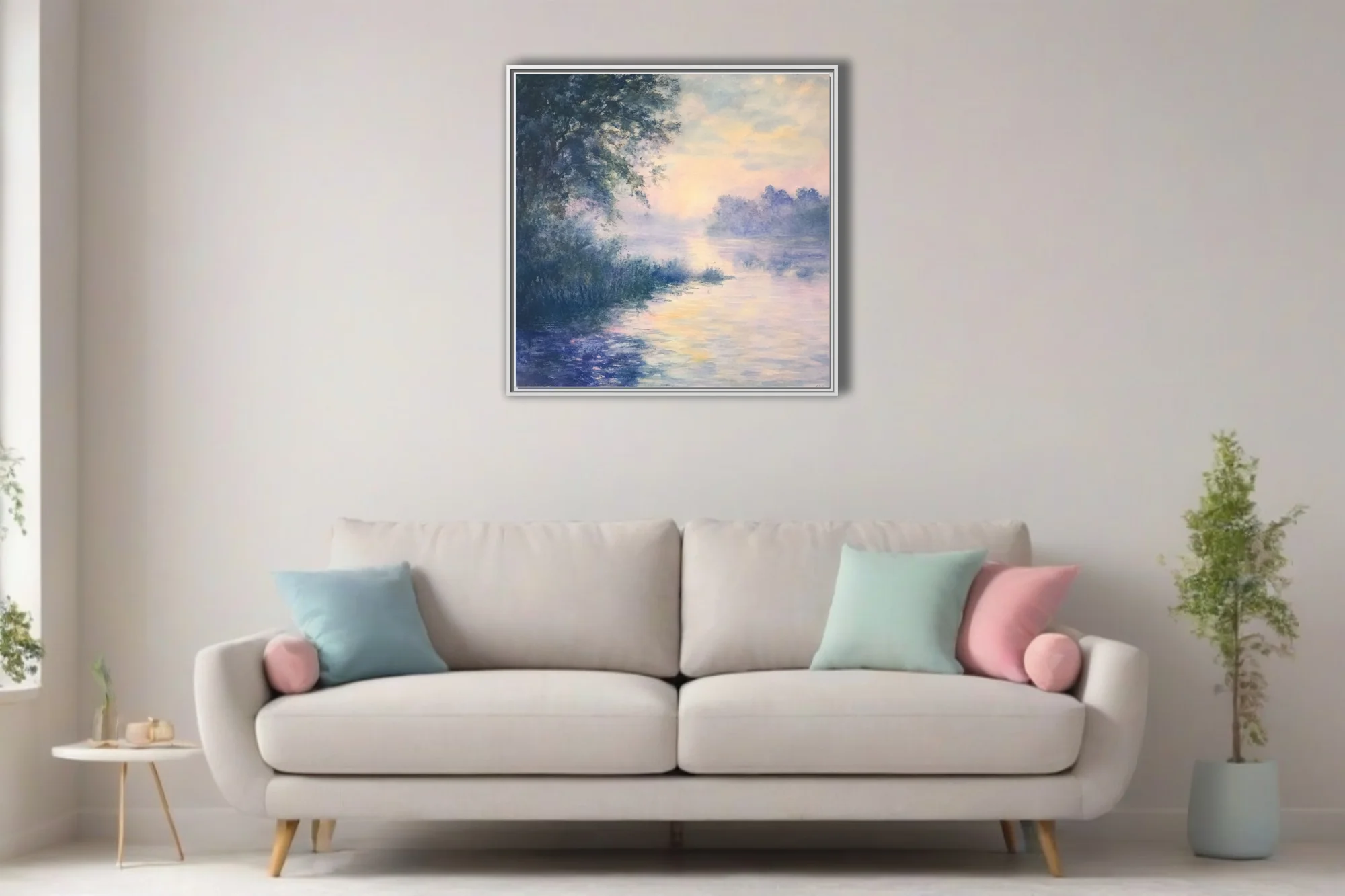 Misty river at dawn in soft pastel watercolor-style, lavender and peach reflections, dreamy landscape