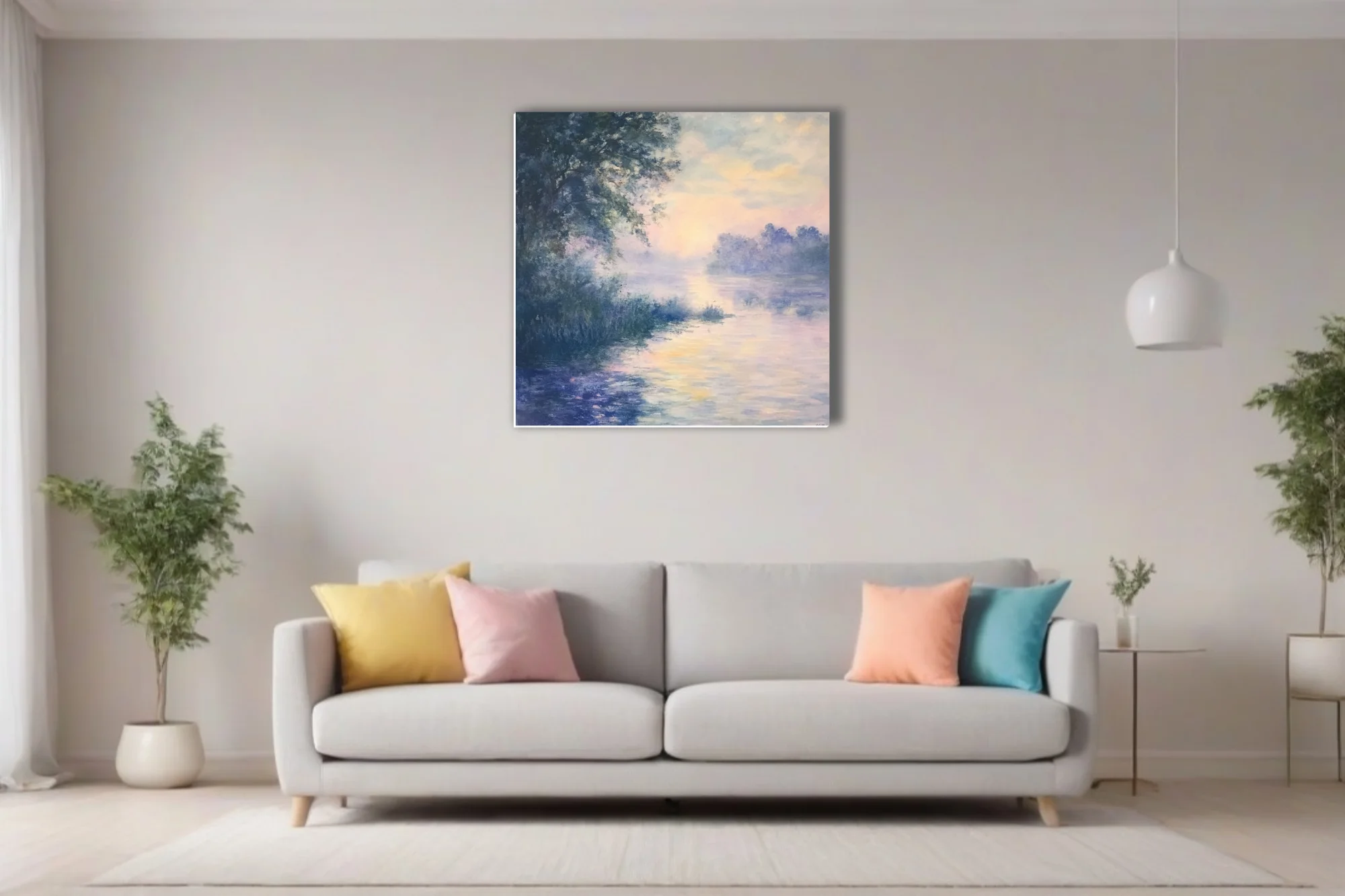 Misty river at dawn in soft pastel watercolor-style, lavender and peach reflections, dreamy landscape