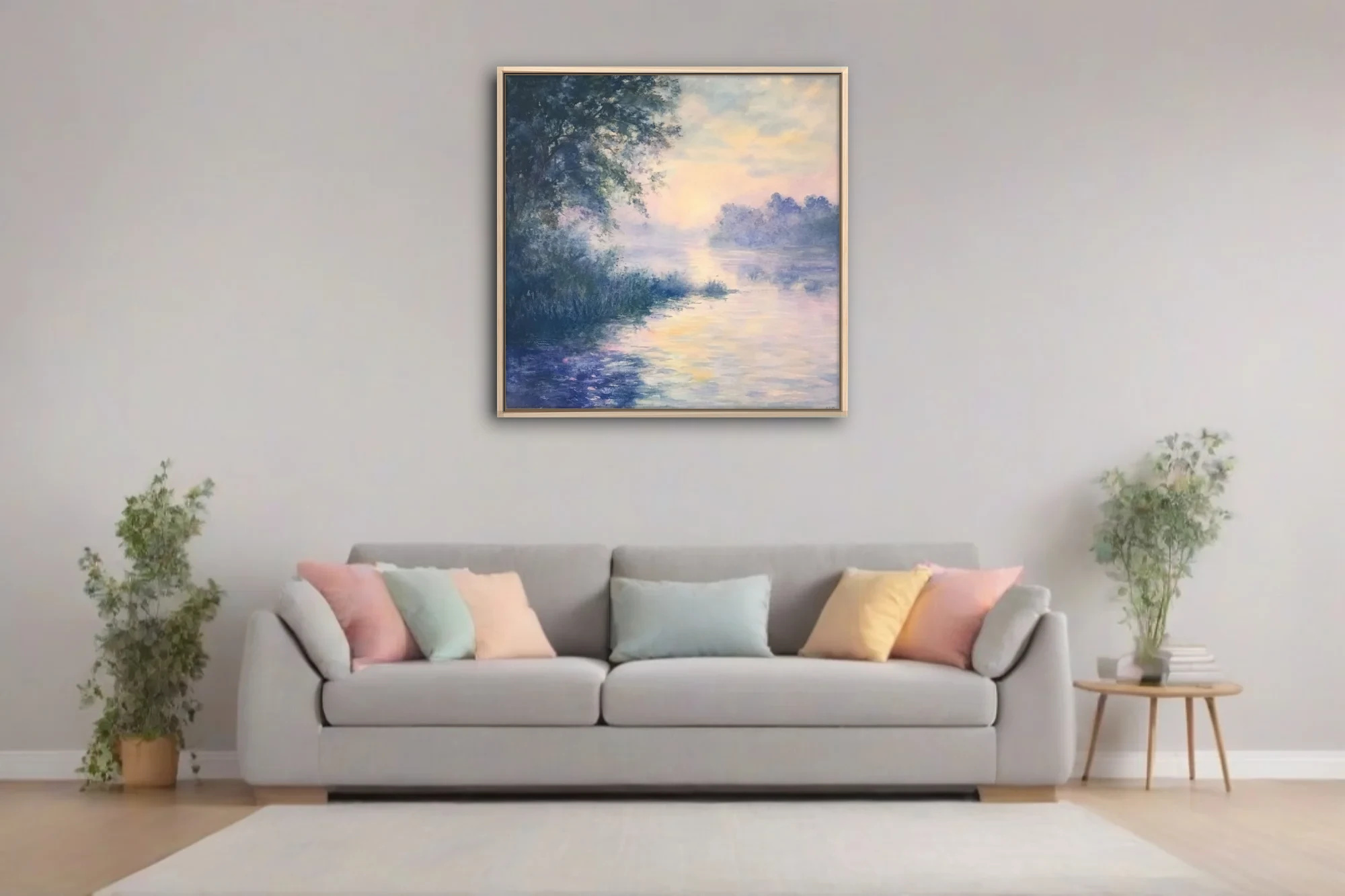 Misty river at dawn in soft pastel watercolor-style, lavender and peach reflections, dreamy landscape