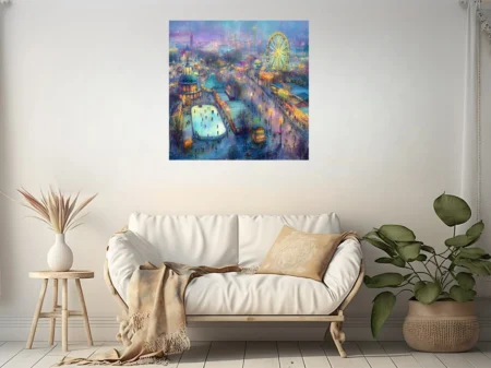 Snowy carnival cityscape with glowing Ferris wheel and ice rink in jewel-toned painterly winter style