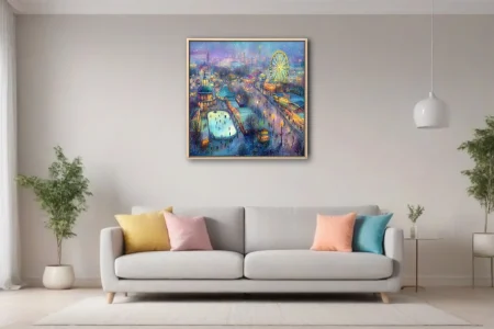 Snowy carnival cityscape with glowing Ferris wheel and ice rink in jewel-toned painterly winter style