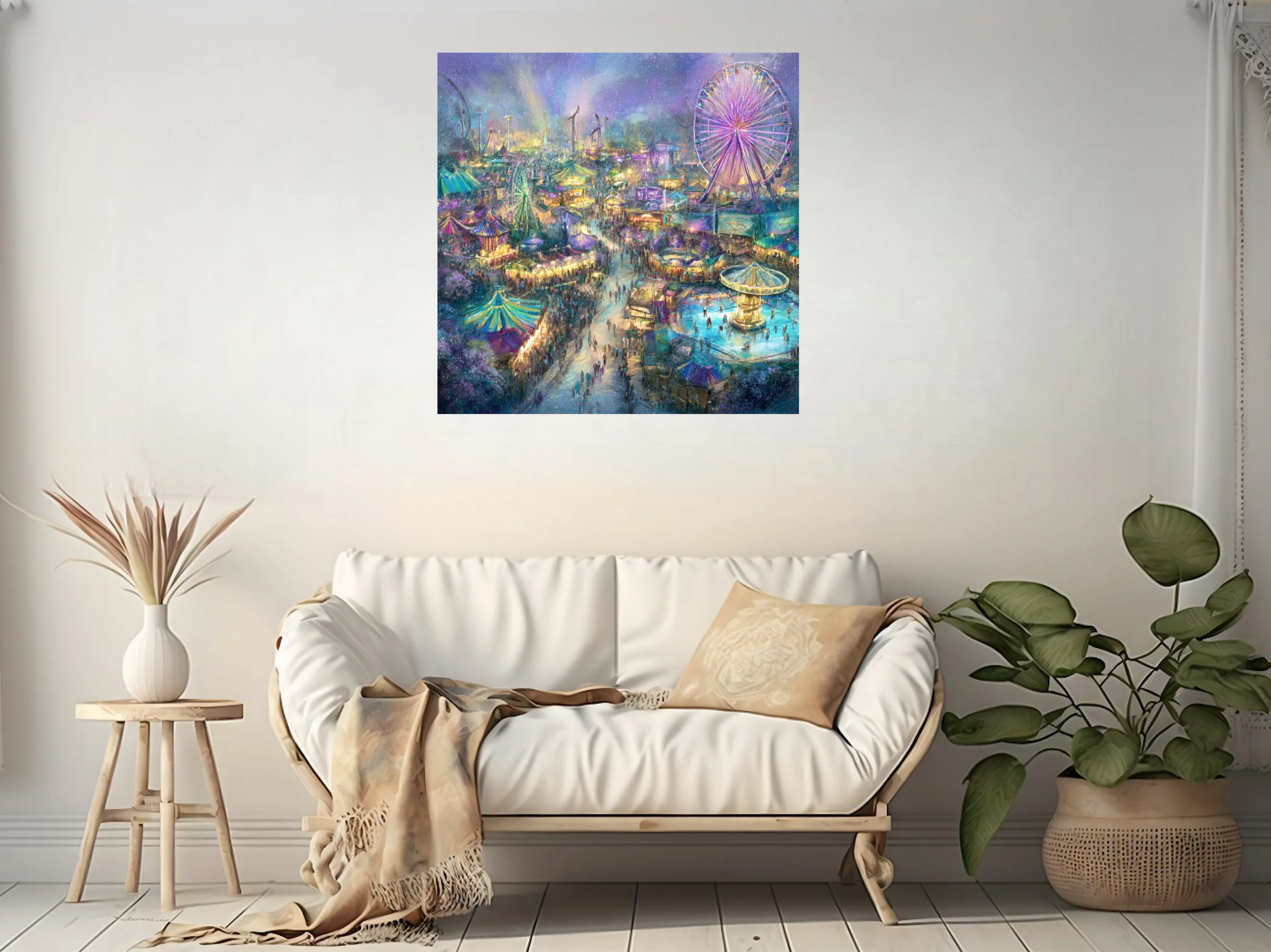 Watercolor-style aerial night carnival scene with glowing Ferris wheels and colorful tents