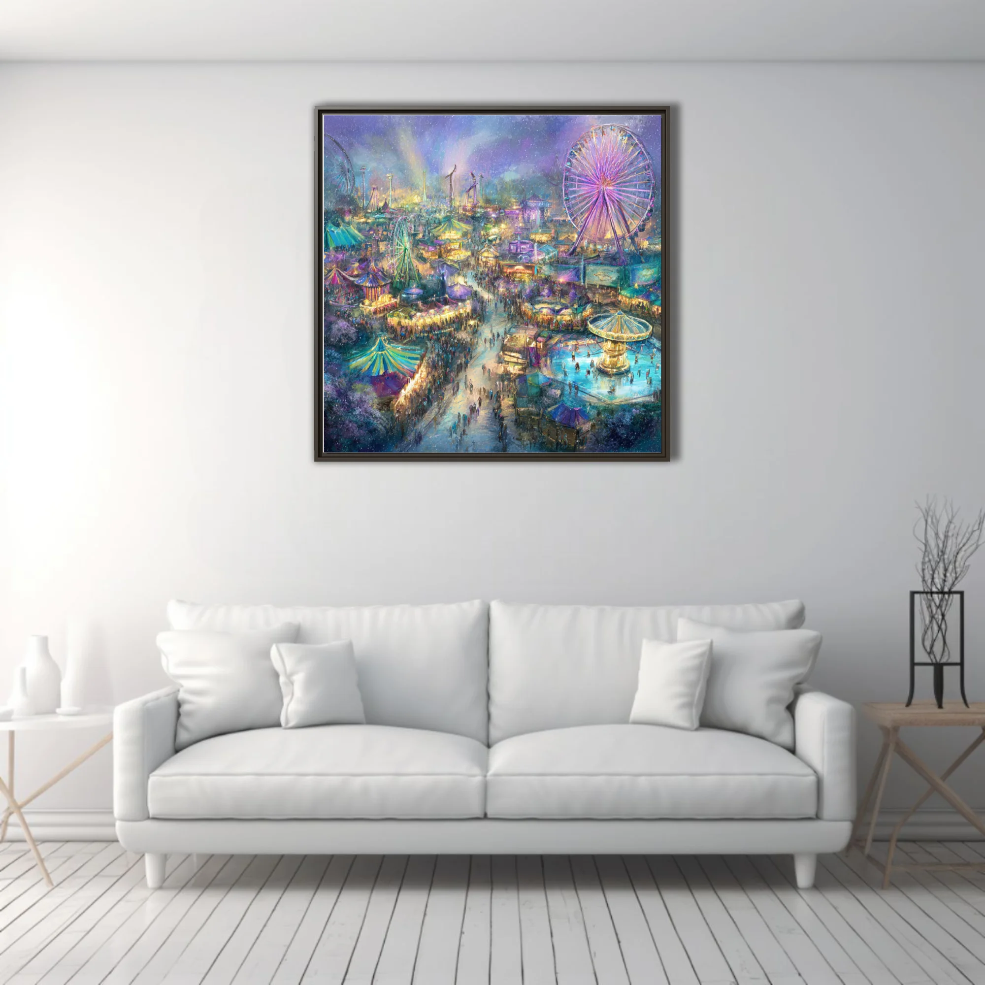 Watercolor-style aerial night carnival scene with glowing Ferris wheels and colorful tents