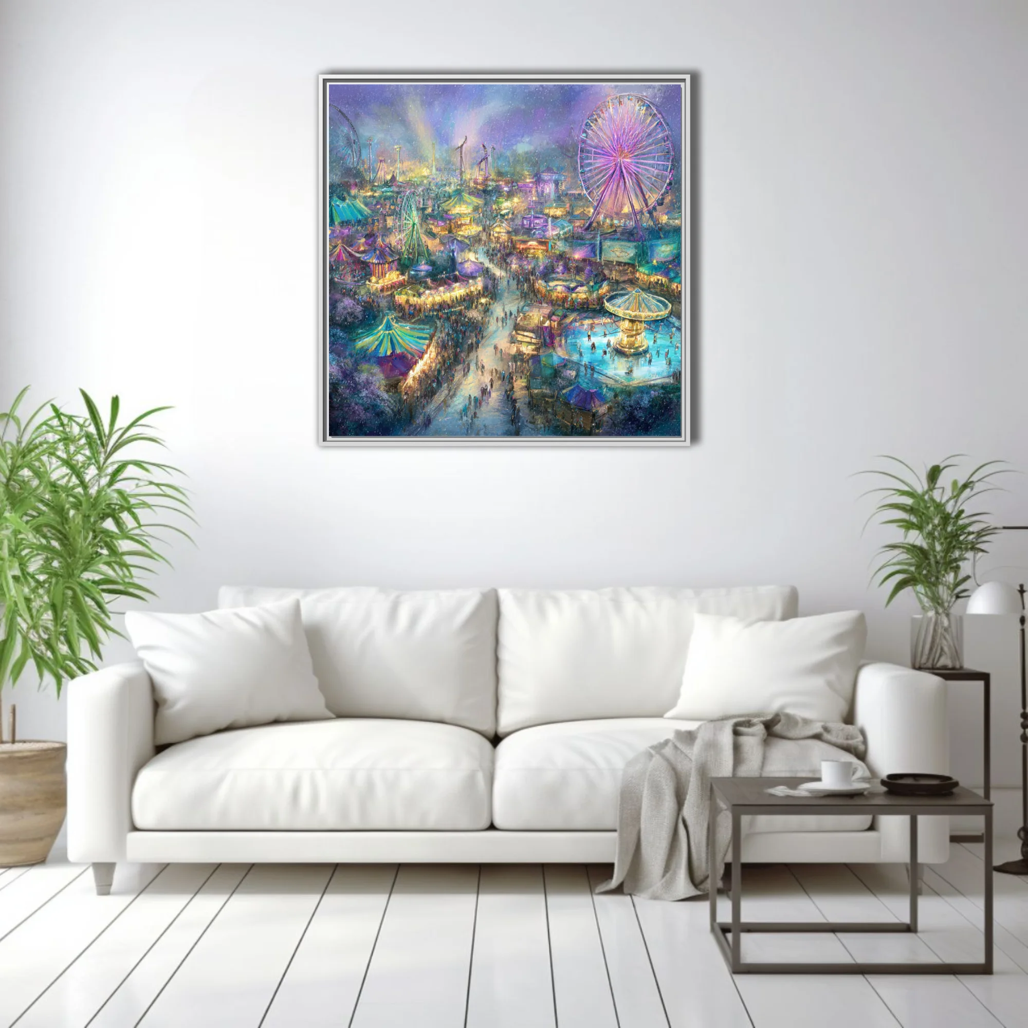 Watercolor-style aerial night carnival scene with glowing Ferris wheels and colorful tents