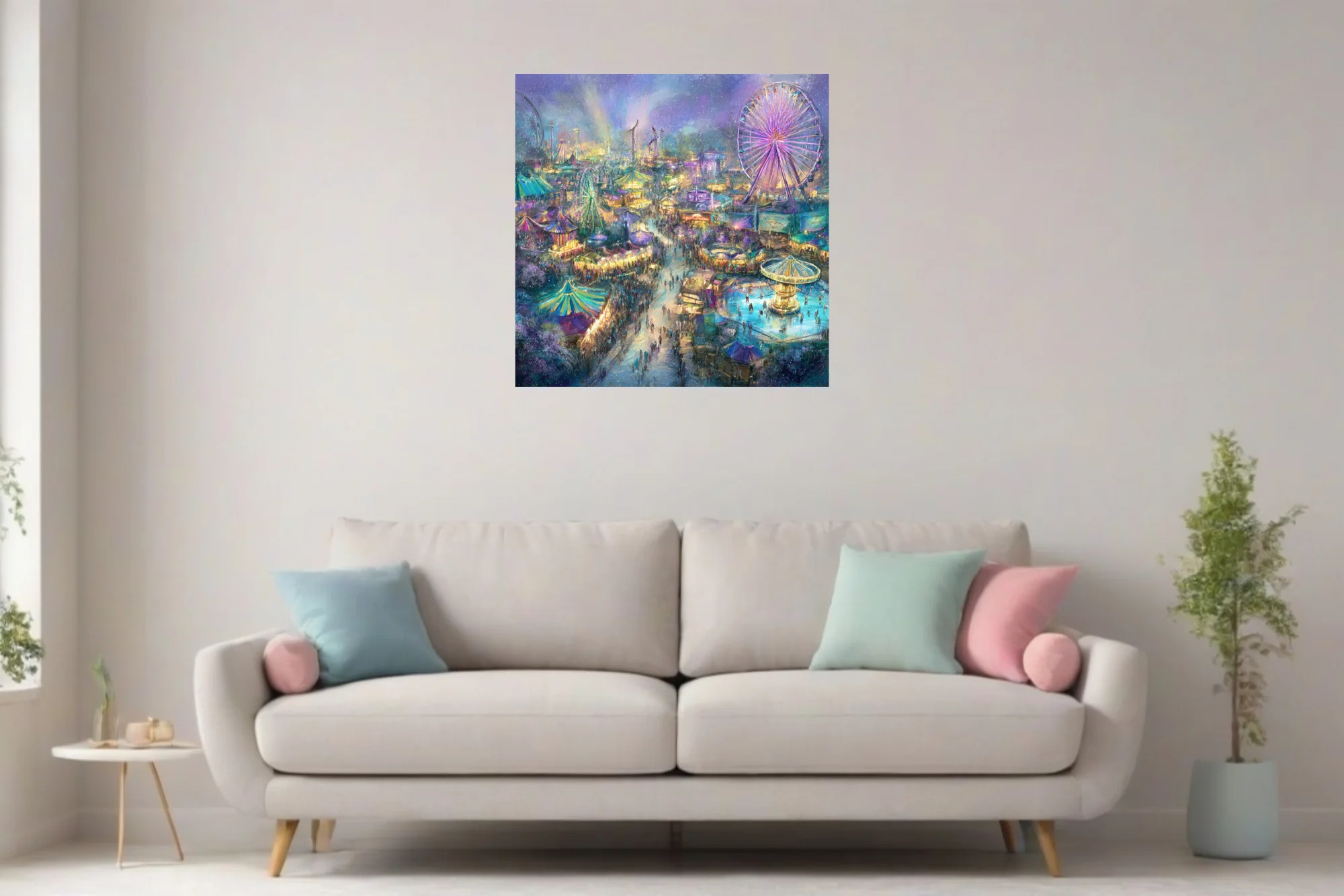 Watercolor-style aerial night carnival scene with glowing Ferris wheels and colorful tents