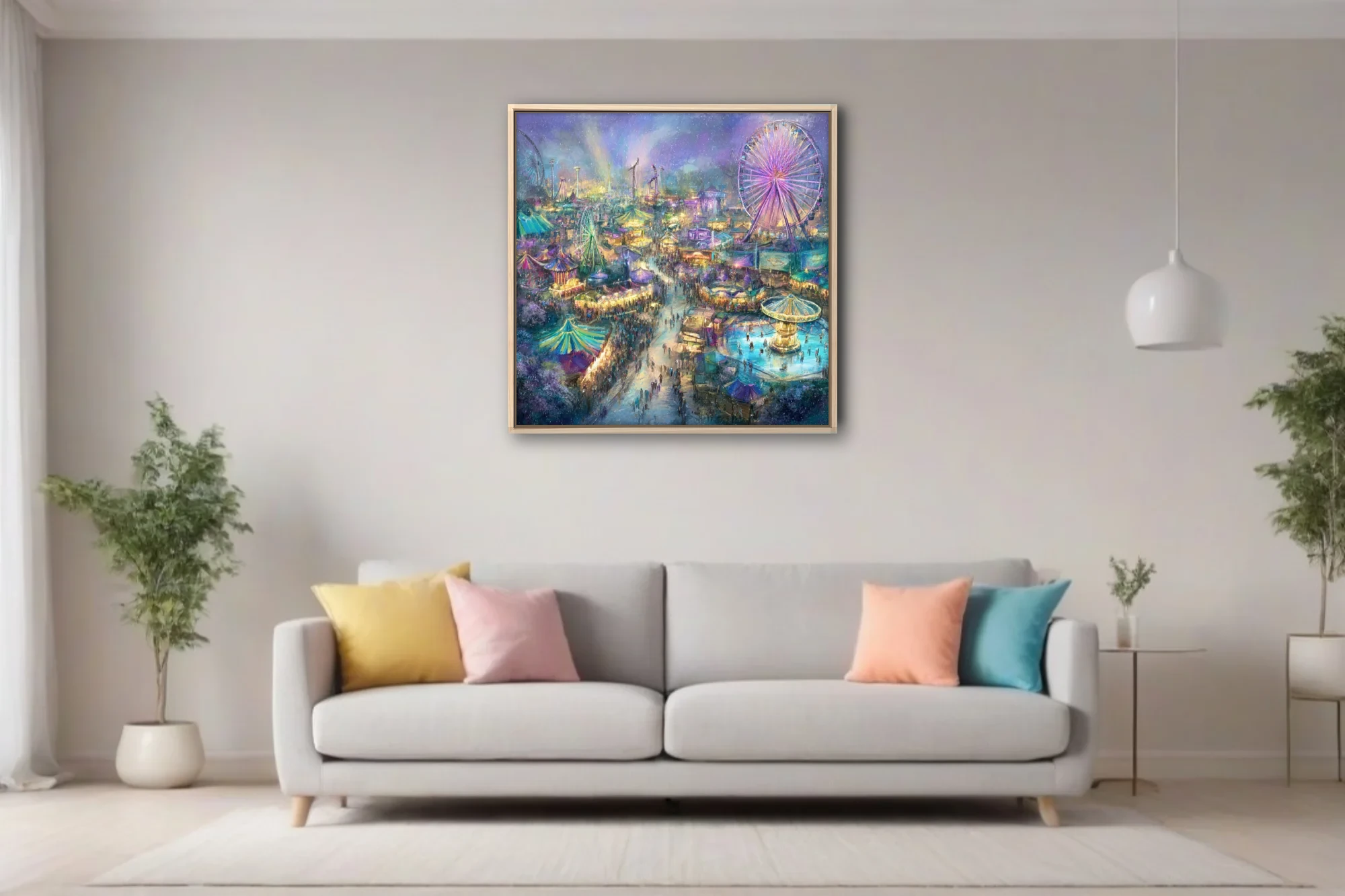Watercolor-style aerial night carnival scene with glowing Ferris wheels and colorful tents