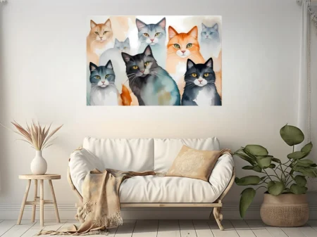 Watercolor-style cat portraits in muted orange, grey, and black tones