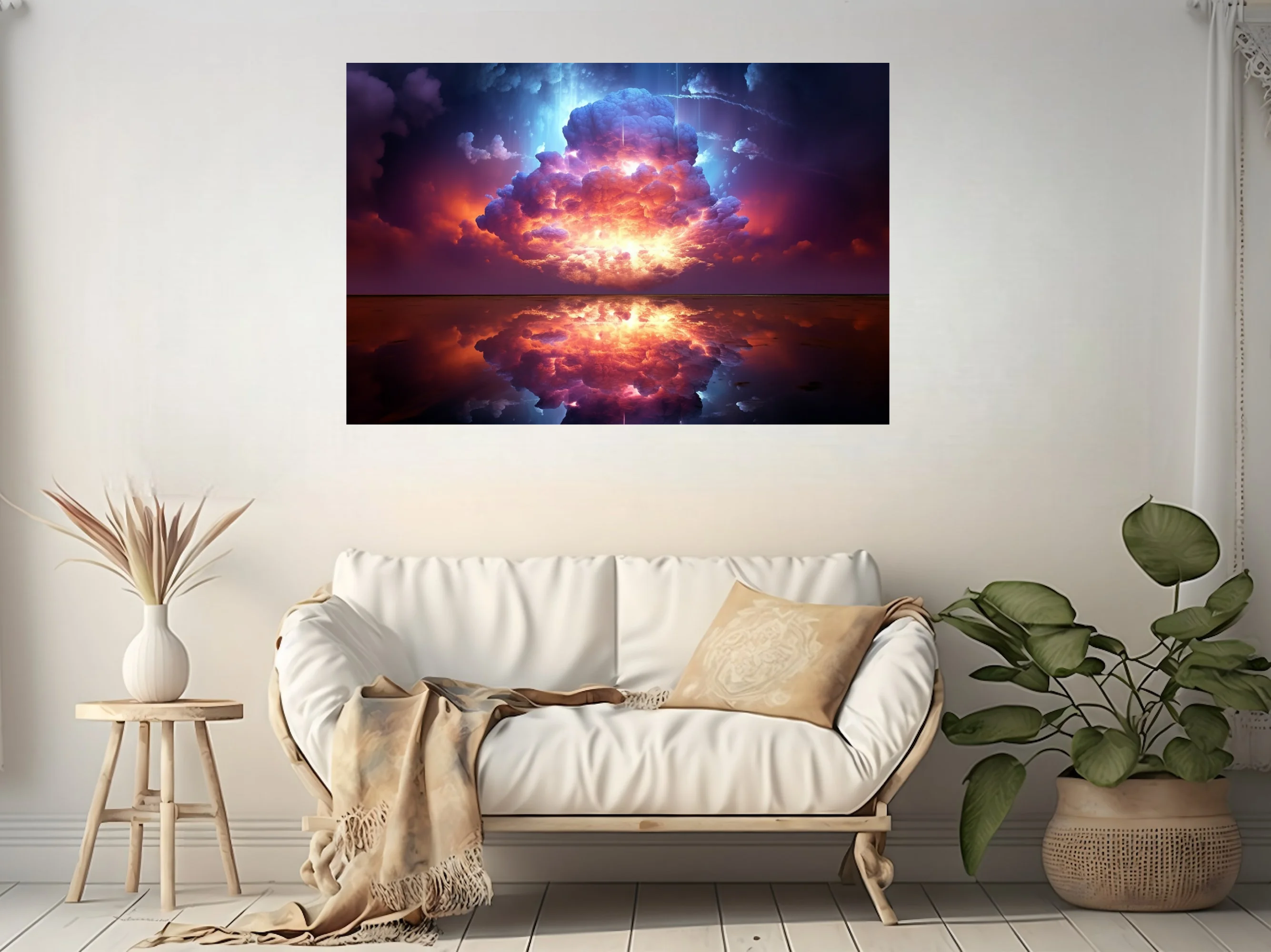 Dreamlike celestial explosion in violet and crimson with mirror reflection below