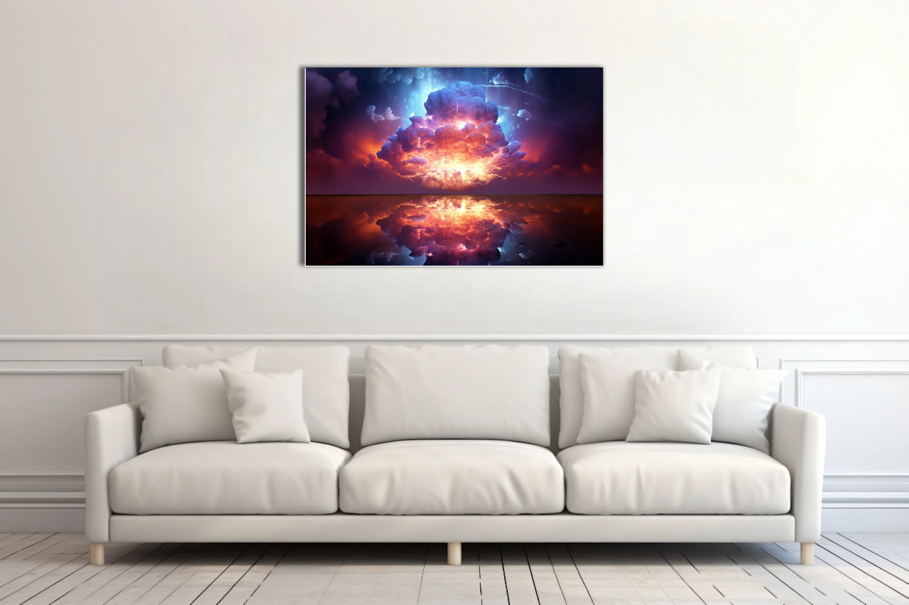 Dreamlike celestial explosion in violet and crimson with mirror reflection below