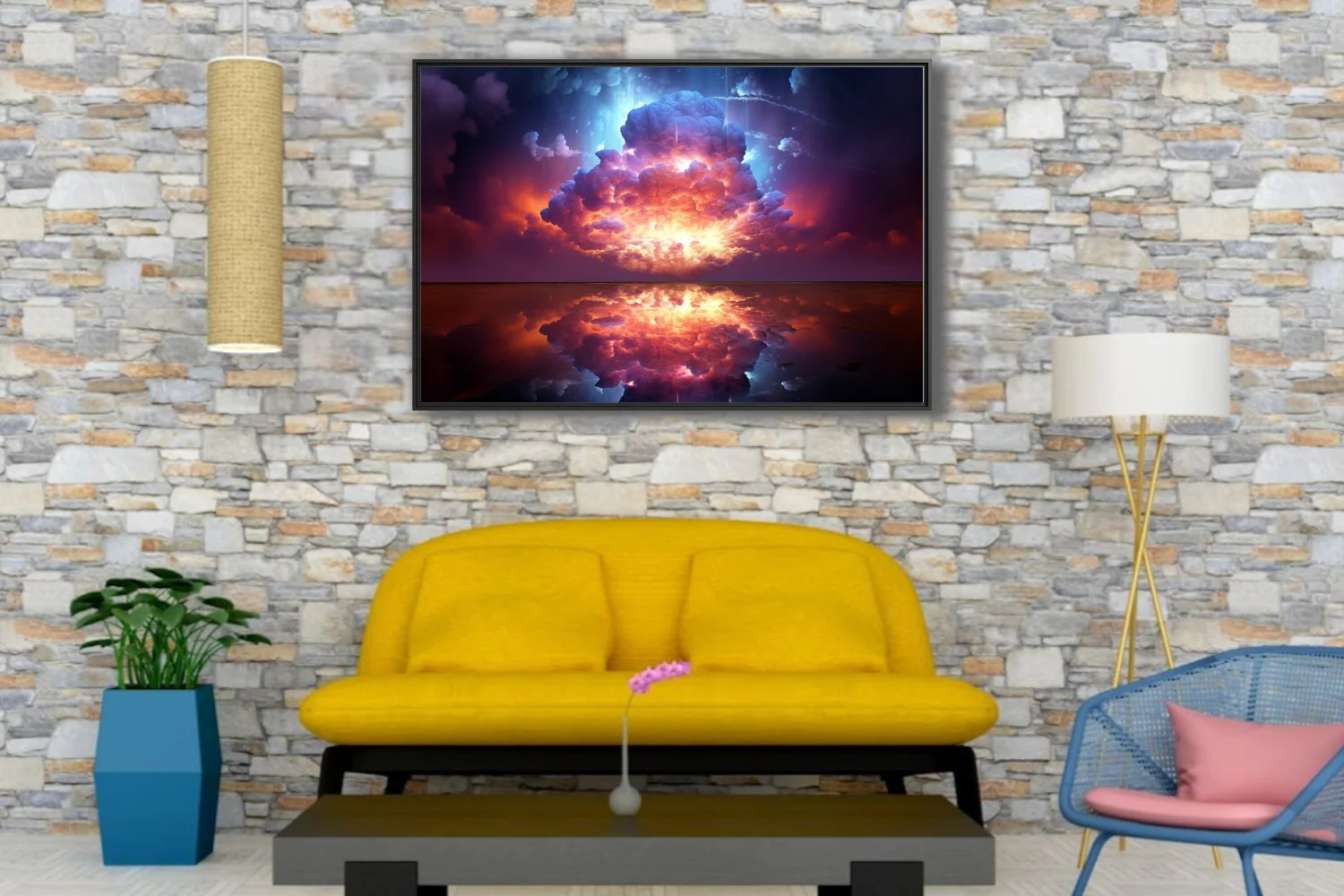 Dreamlike celestial explosion in violet and crimson with mirror reflection below