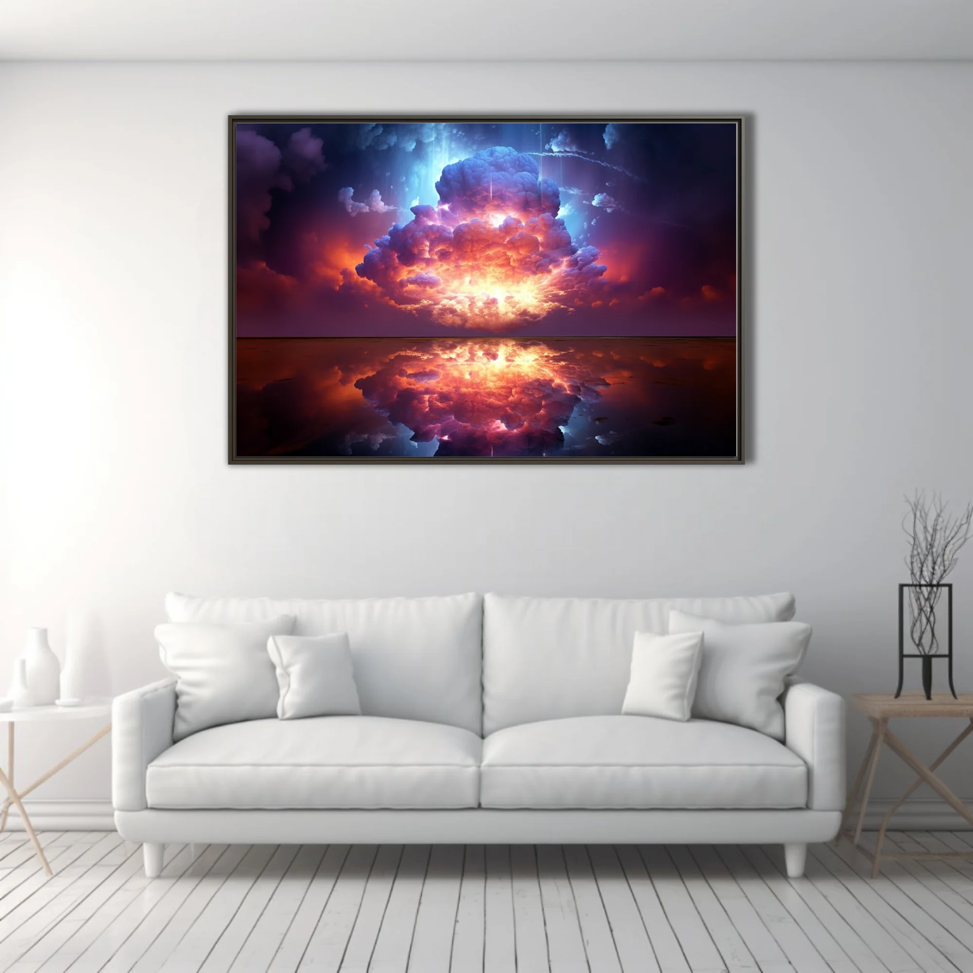 Dreamlike celestial explosion in violet and crimson with mirror reflection below