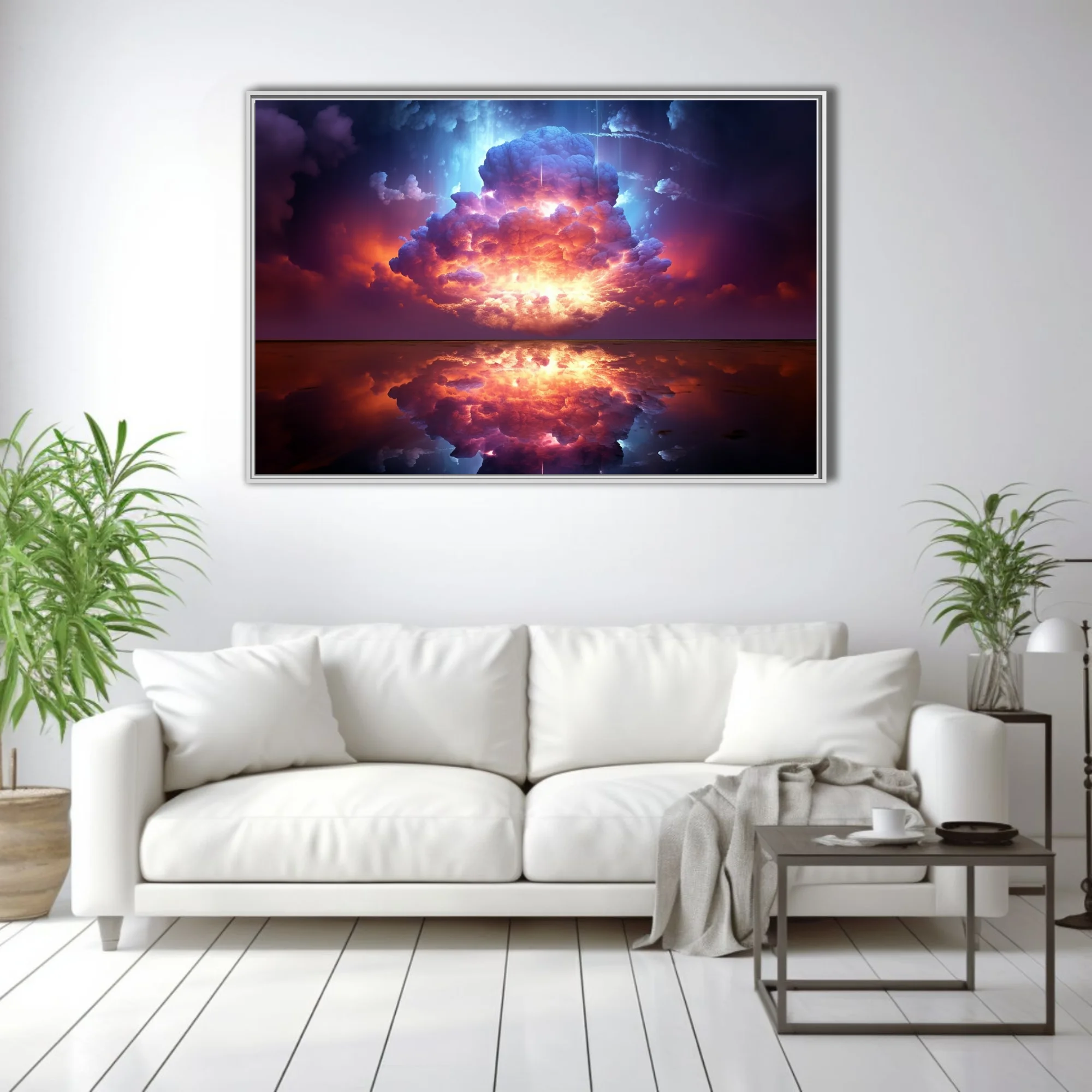 Dreamlike celestial explosion in violet and crimson with mirror reflection below