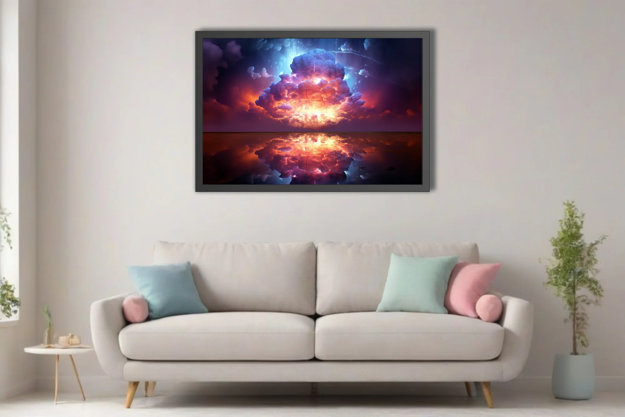 Dreamlike celestial explosion in violet and crimson with mirror reflection below