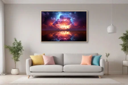 Dreamlike celestial explosion in violet and crimson with mirror reflection below