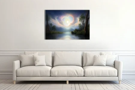 Dreamlike fantasy landscape with swirling celestial glow over misty lake and forest