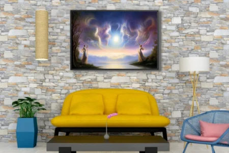 Dreamlike fantasy scene with robed figures, glowing celestial orb, and swirling iridescent skies