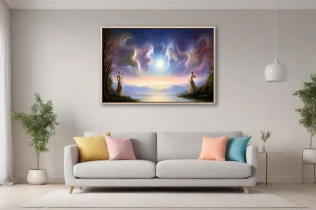 Dreamlike fantasy scene with robed figures, glowing celestial orb, and swirling iridescent skies