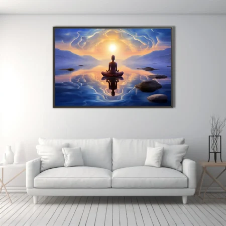 Dreamlike meditation scene with glowing celestial light and mirror-still water in gold and blue