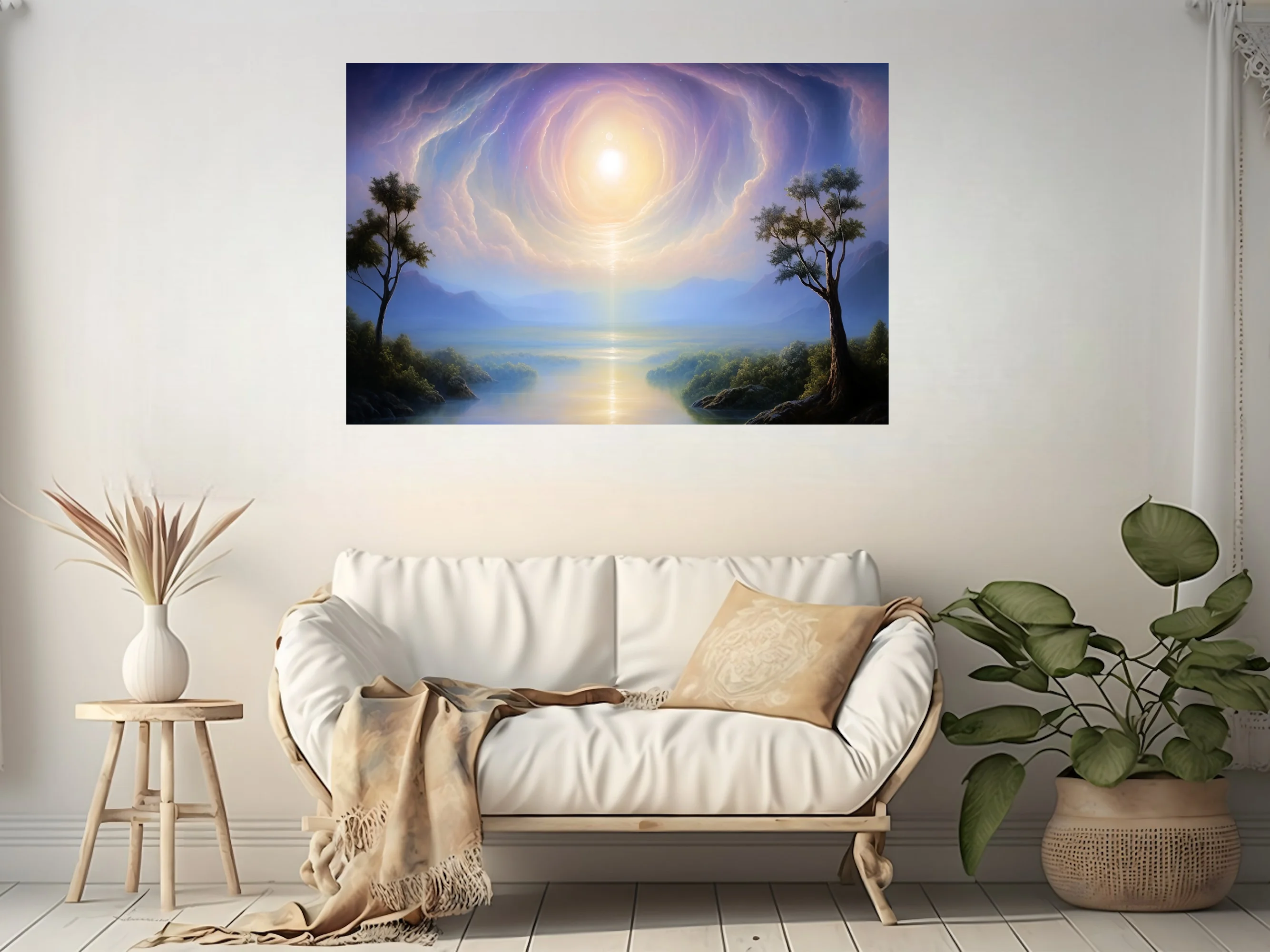 Dreamlike fantasy landscape with glowing celestial vortex over misty river valley in blue and gold