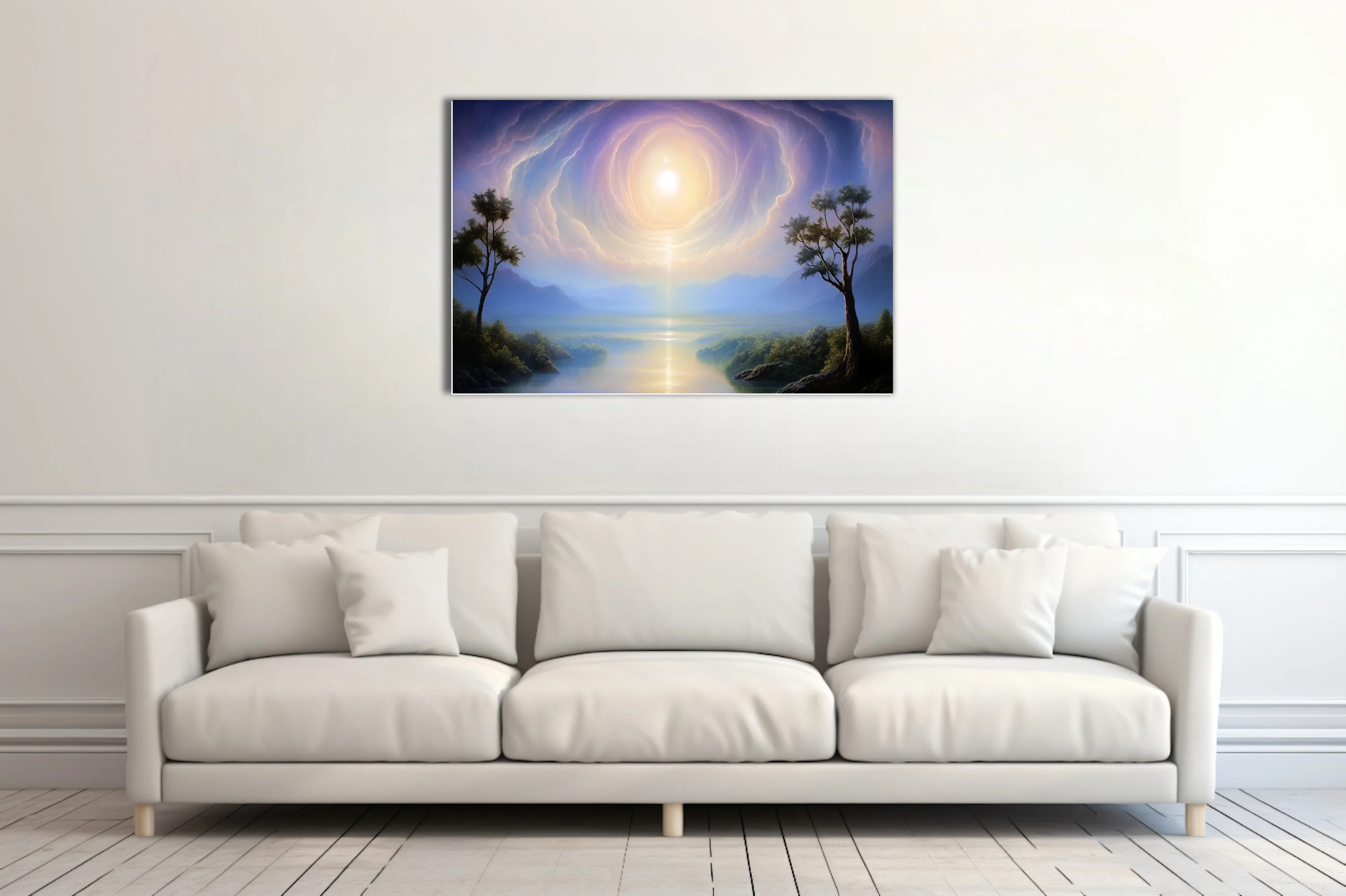 Dreamlike fantasy landscape with glowing celestial vortex over misty river valley in blue and gold