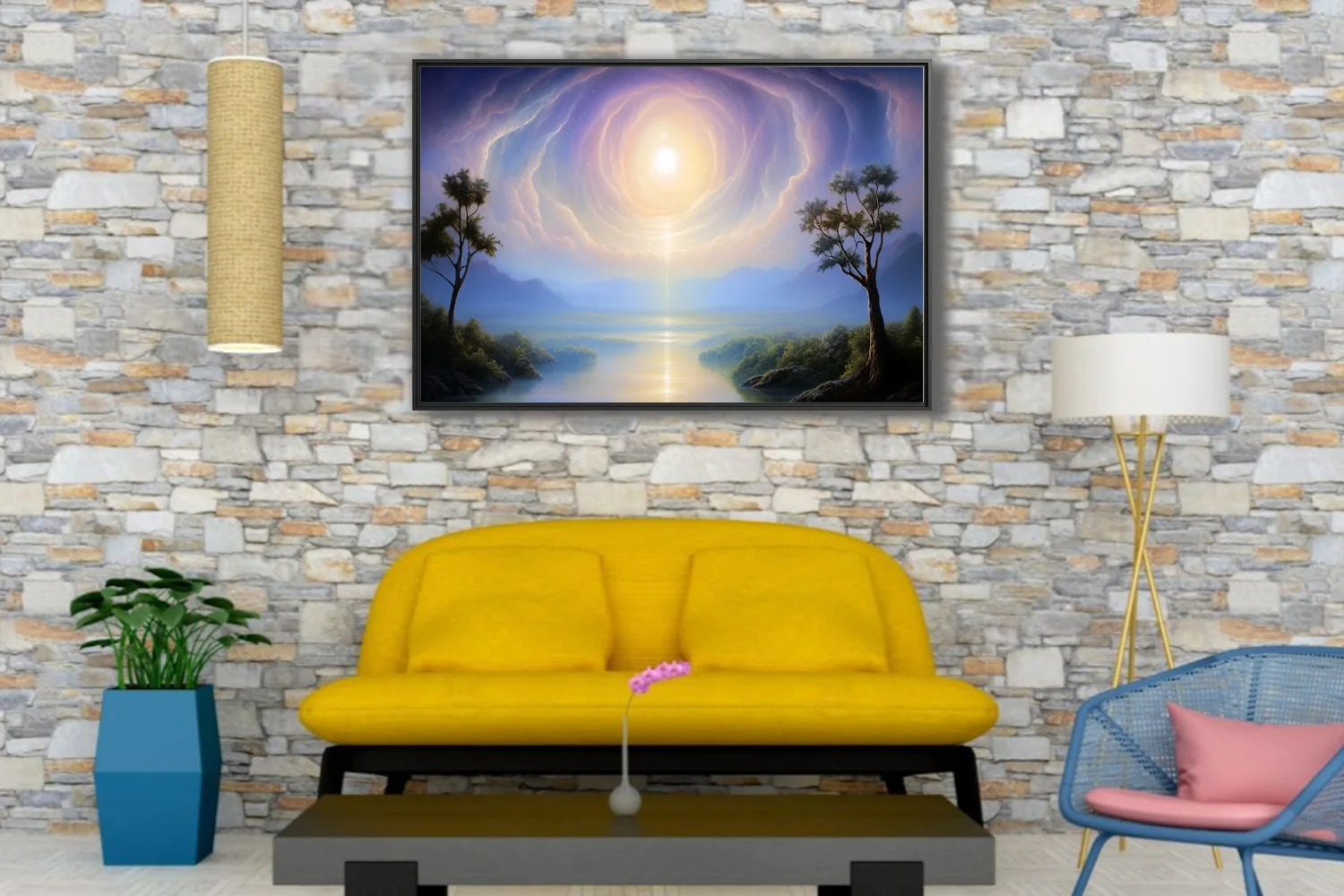 Dreamlike fantasy landscape with glowing celestial vortex over misty river valley in blue and gold