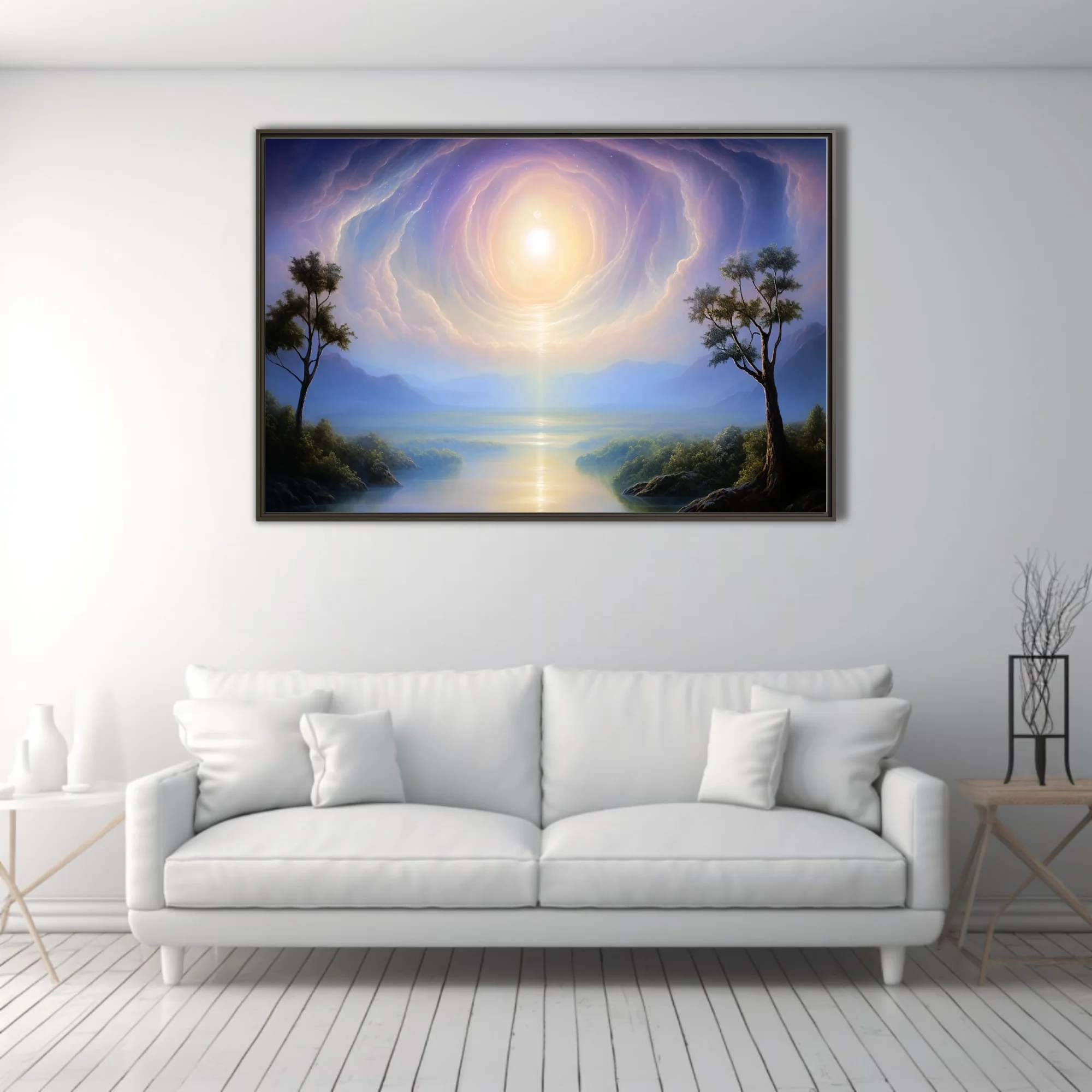 Dreamlike fantasy landscape with glowing celestial vortex over misty river valley in blue and gold