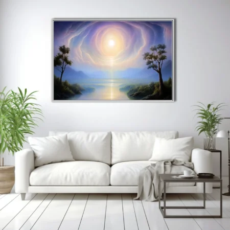 Dreamlike fantasy landscape with glowing celestial vortex over misty river valley in blue and gold