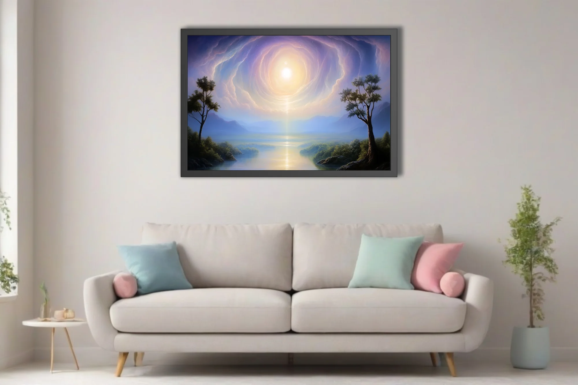 Dreamlike fantasy landscape with glowing celestial vortex over misty river valley in blue and gold