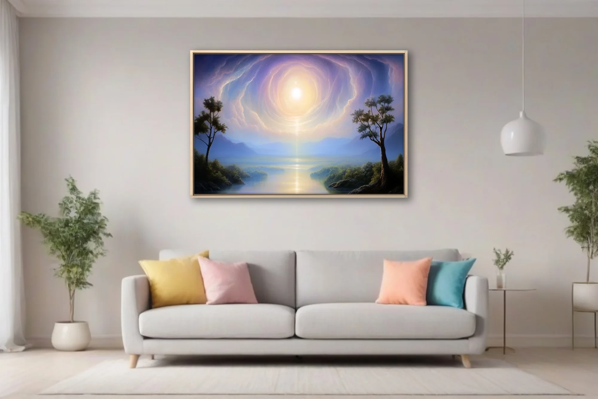 Dreamlike fantasy landscape with glowing celestial vortex over misty river valley in blue and gold
