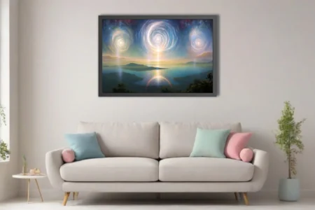 Dreamlike fantasy landscape with glowing cosmic vortices over misty blue-gold waterscape