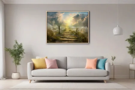 Fantasy spiritual stairway ascending through golden clouds toward radiant celestial light