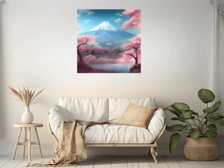 Watercolor-style Mount Fuji with cherry blossom trees, pink and blue pastel tones