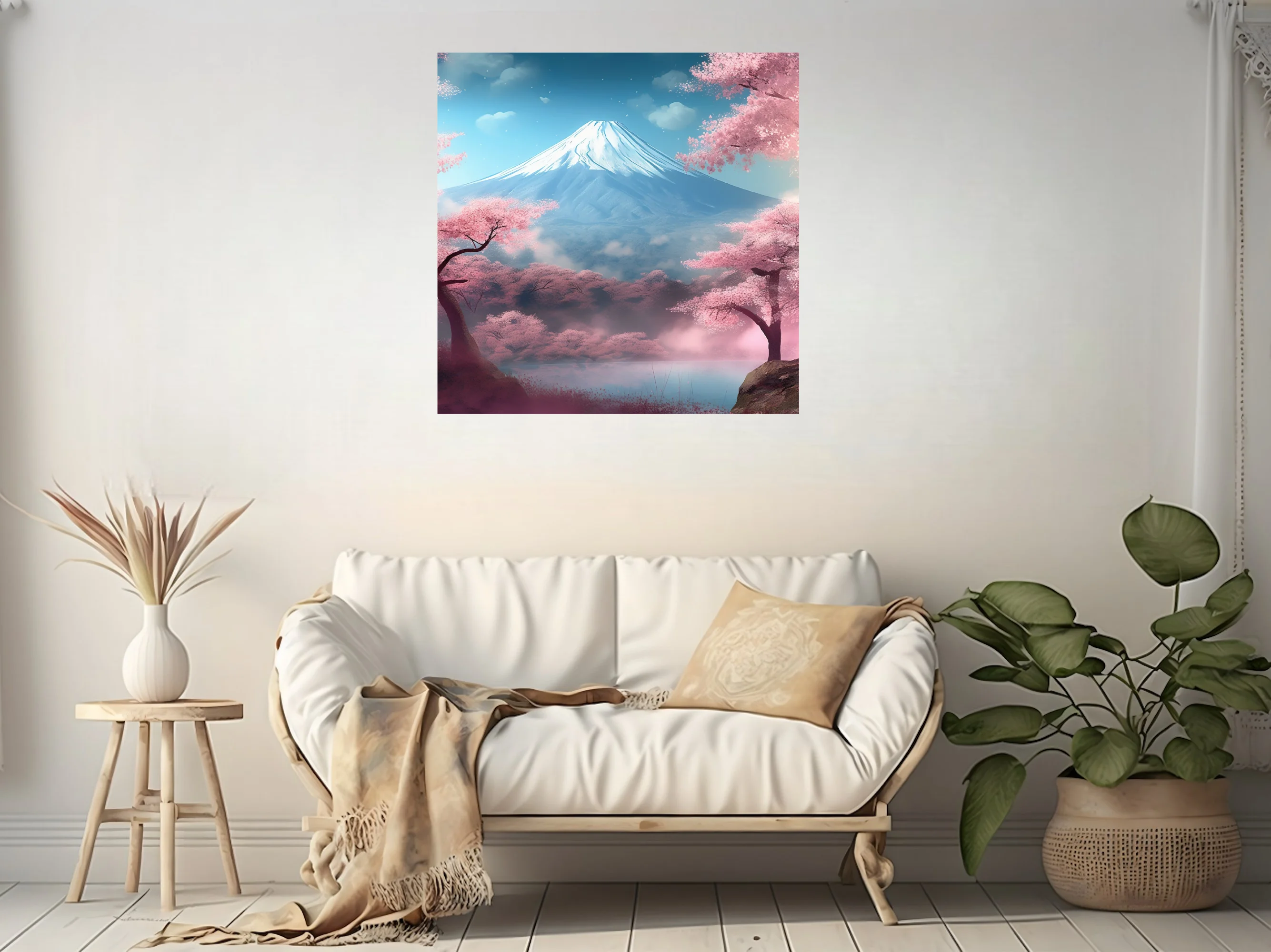 Watercolor-style Mount Fuji with cherry blossom trees, pink and blue pastel tones