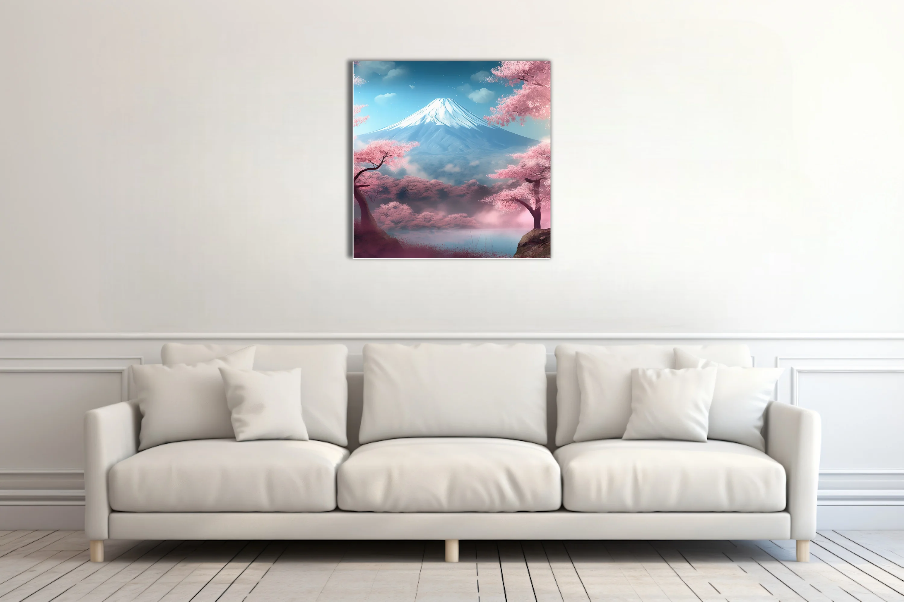 Watercolor-style Mount Fuji with cherry blossom trees, pink and blue pastel tones