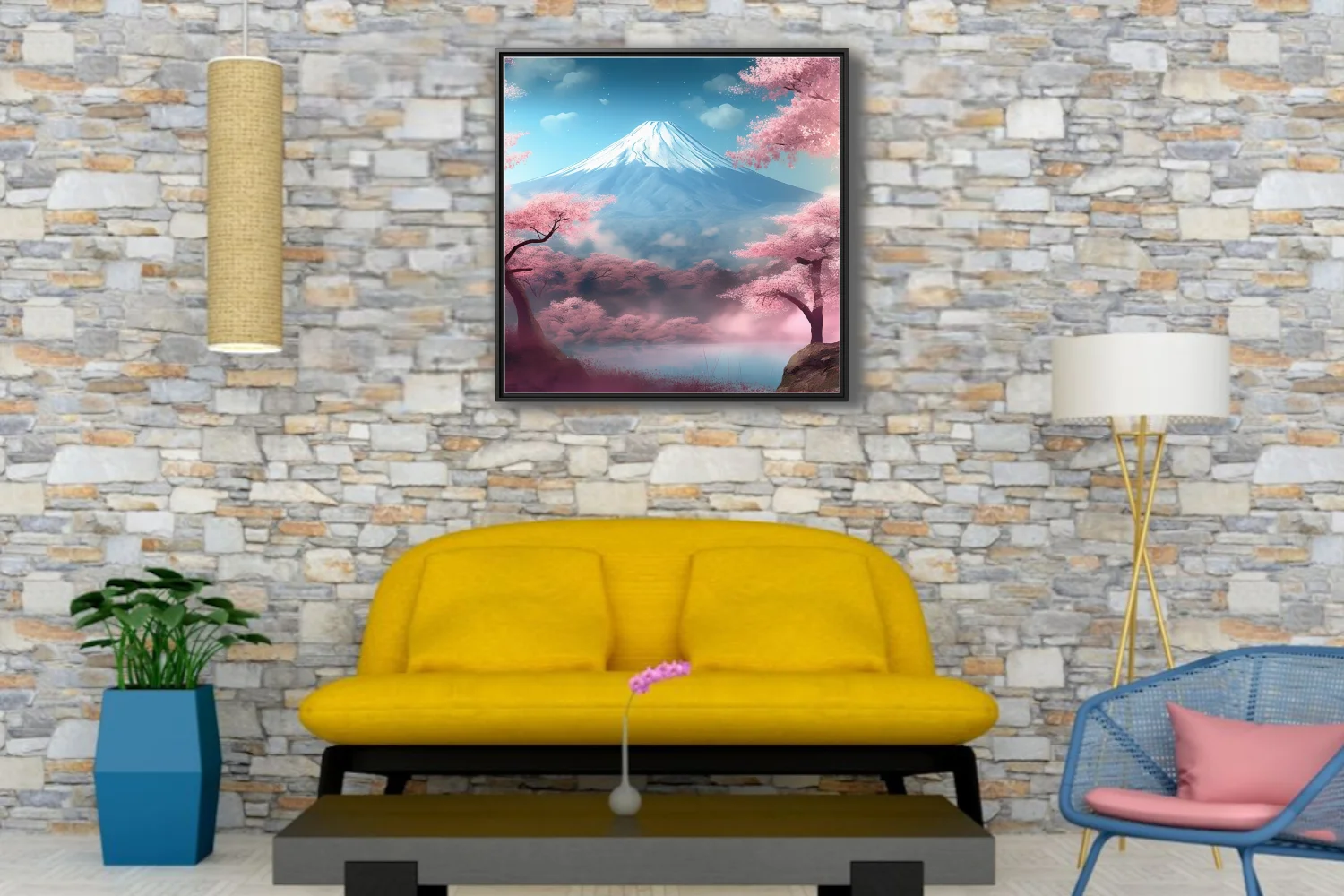 Watercolor-style Mount Fuji with cherry blossom trees, pink and blue pastel tones