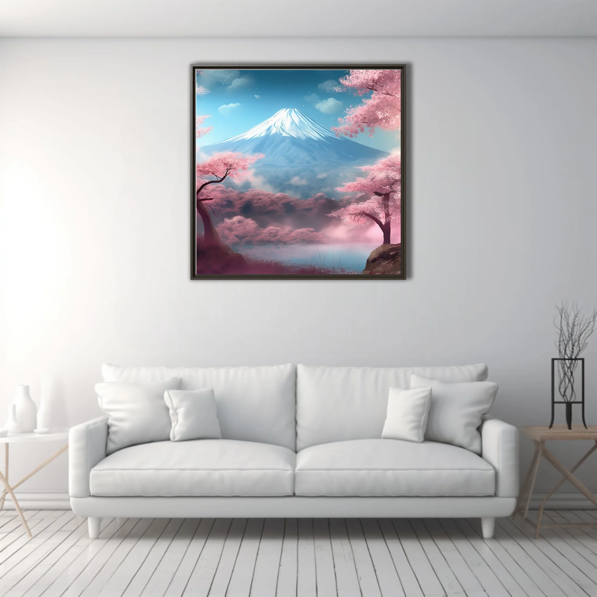 Watercolor-style Mount Fuji with cherry blossom trees, pink and blue pastel tones
