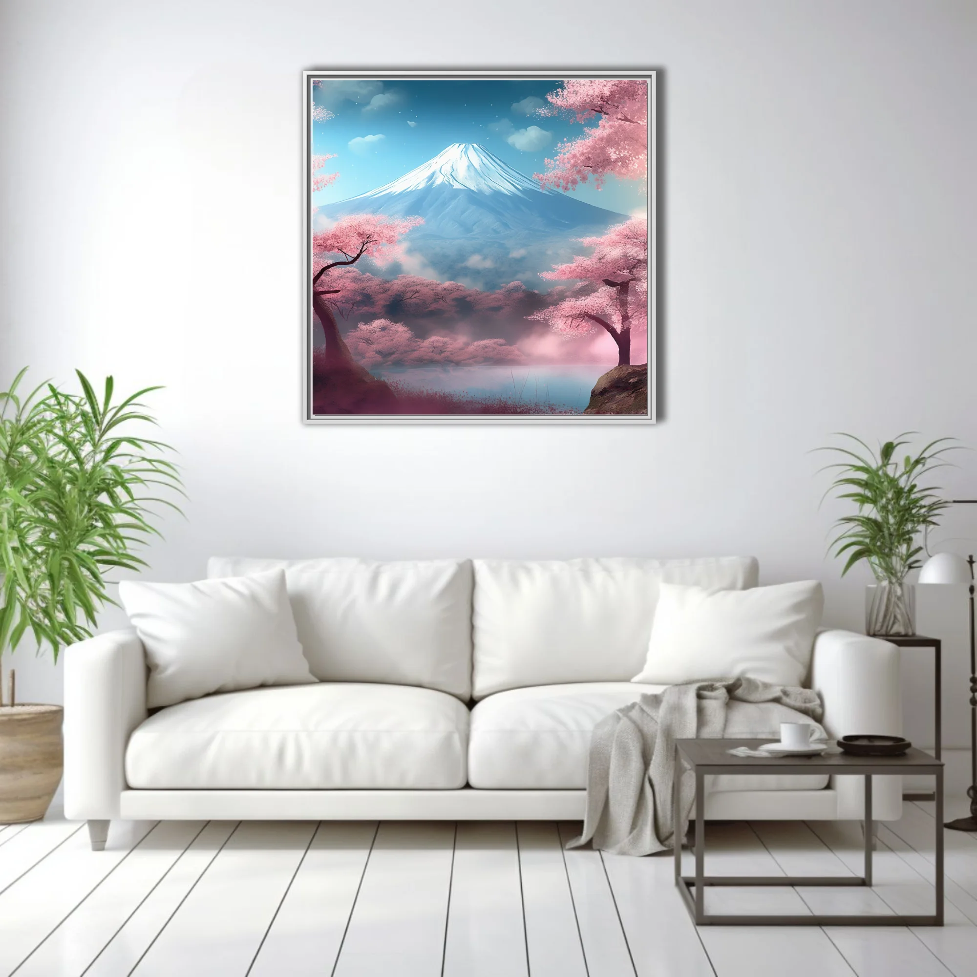 Watercolor-style Mount Fuji with cherry blossom trees, pink and blue pastel tones