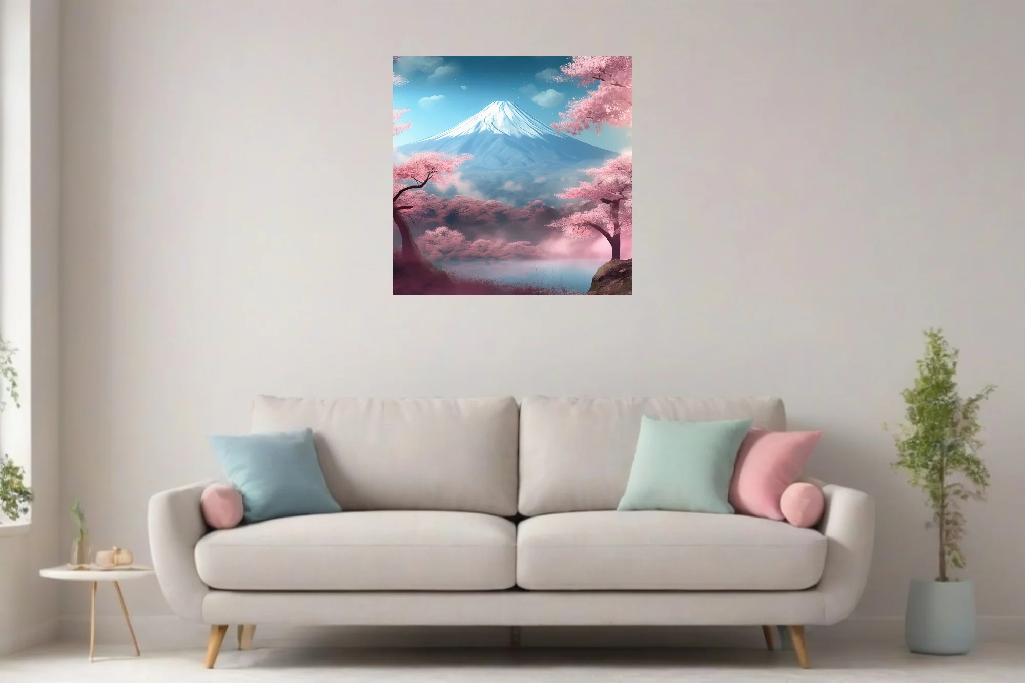 Watercolor-style Mount Fuji with cherry blossom trees, pink and blue pastel tones