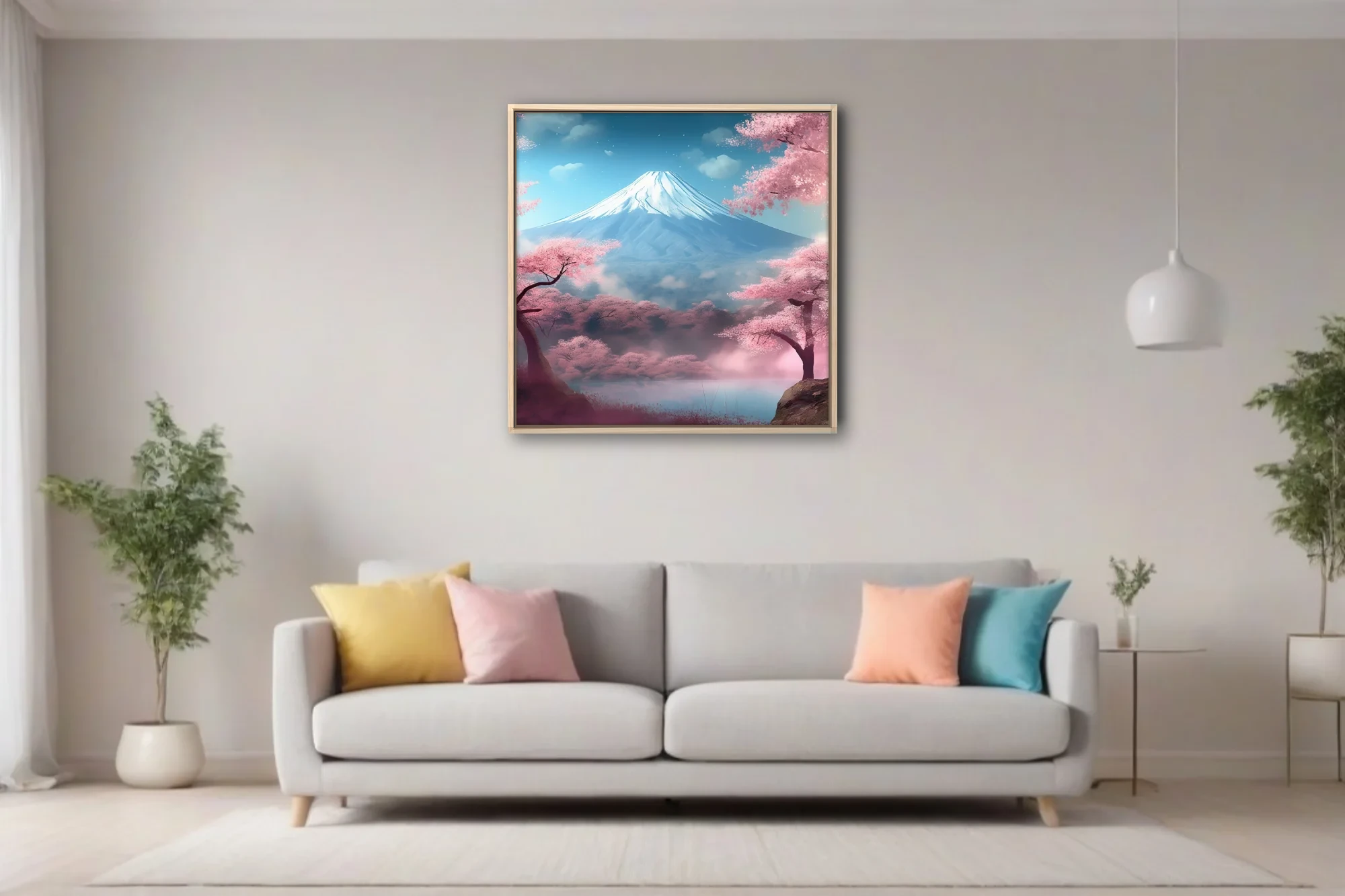 Watercolor-style Mount Fuji with cherry blossom trees, pink and blue pastel tones