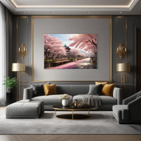 Cherry blossom promenade with Japanese temple pagoda, pink petals, soft sunlight