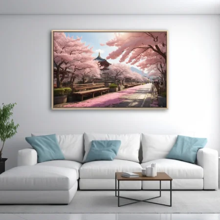 Cherry blossom promenade with Japanese temple pagoda, pink petals, soft sunlight